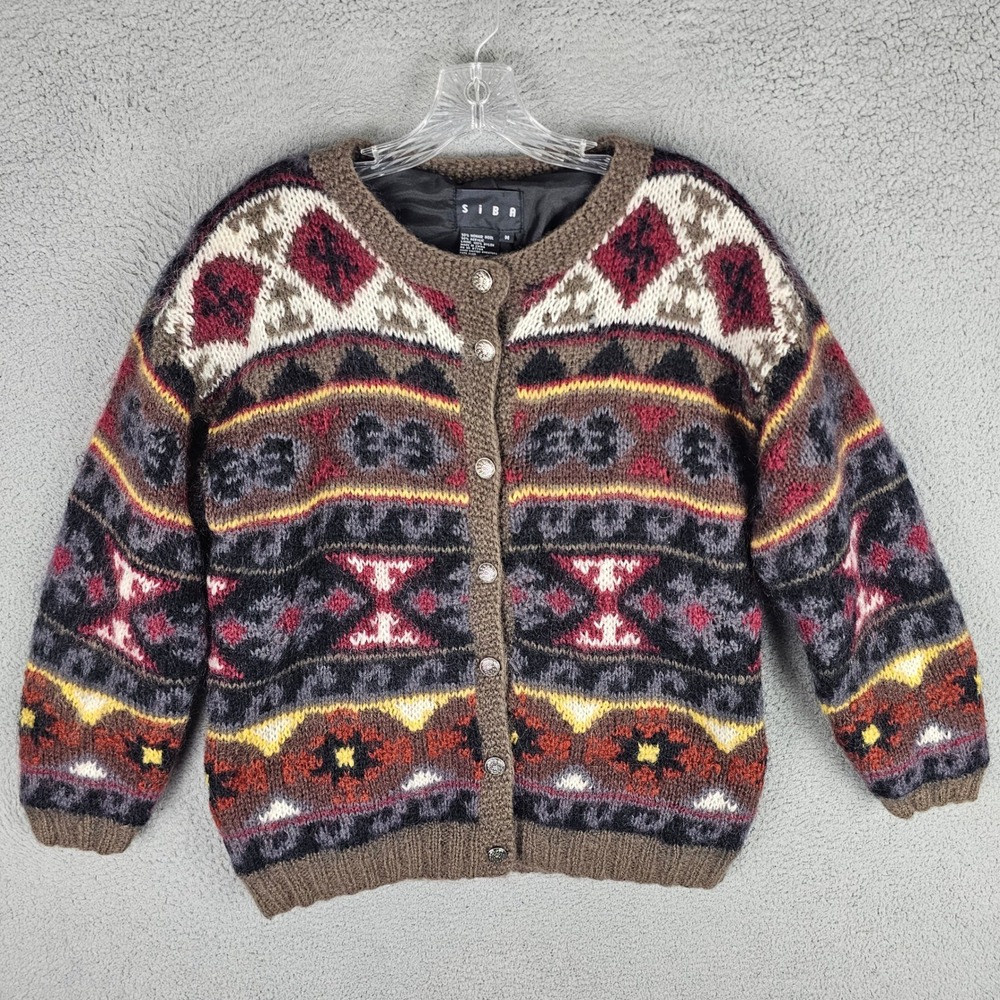 SIBA Cardigan Women M Geometric Mohair Wool Blend Hand Knitted Sweater Pads VTG